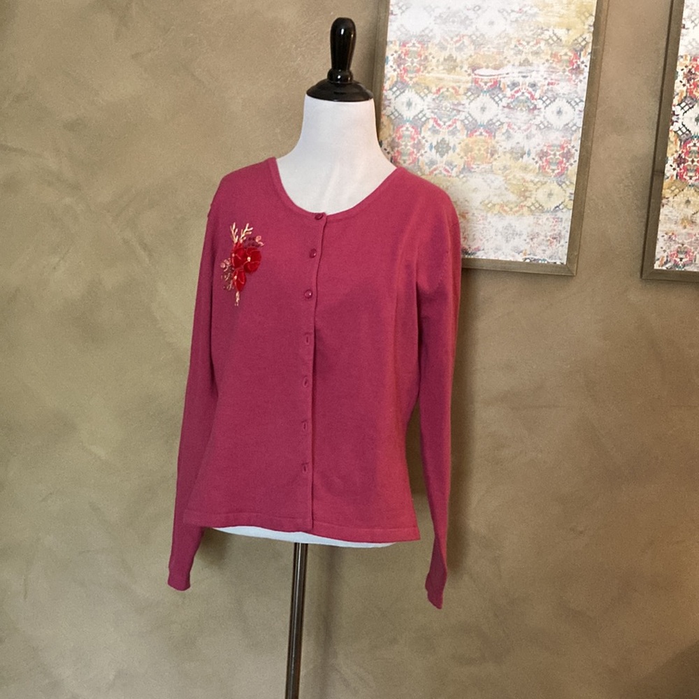 Large purple April Cornell Vintage Cardigan with ribbon Embroidery